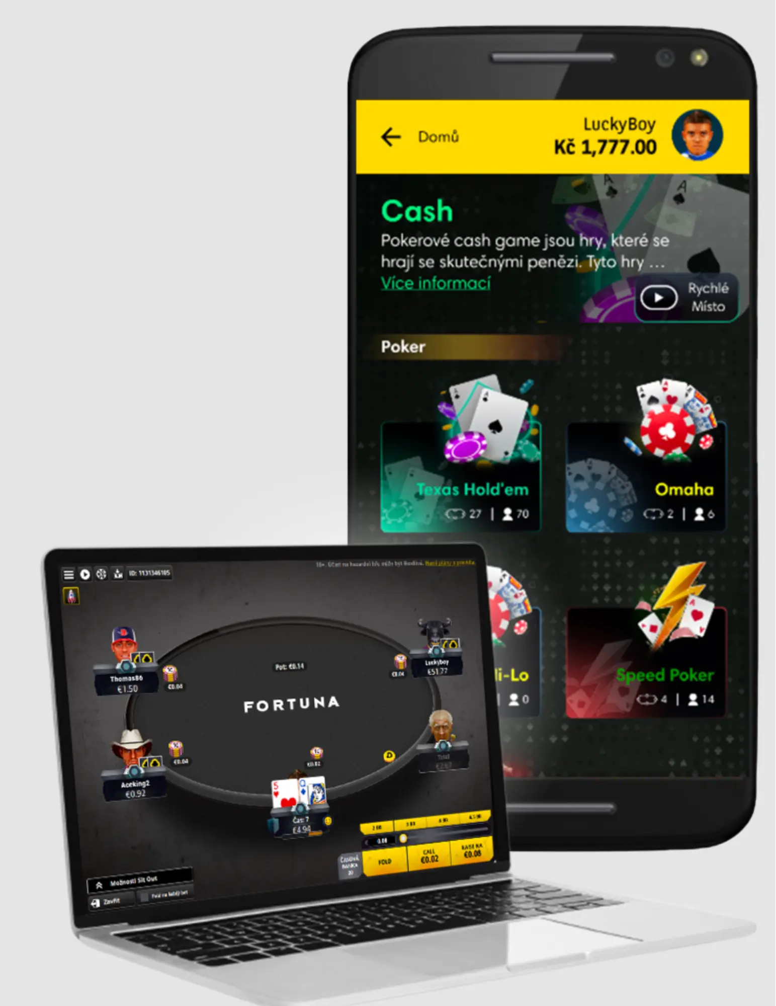 Fortuna Poker – online cash games a turnaje na mobilu i počítači Mobilní telefon s aplikací Fortuna Poker zobrazující nabídku her Texas Hold’em, Omaha a Speed Poker, vedle notebooku s online pokerovým stolem Fortuna